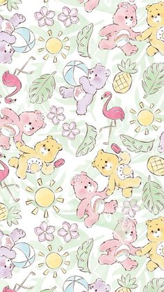 a bunch of teddy bears and flamingos on a white background with green, pink, yellow and blue leaves