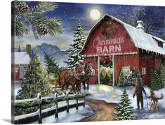 a painting of a christmas barn with horses pulling a sleigh