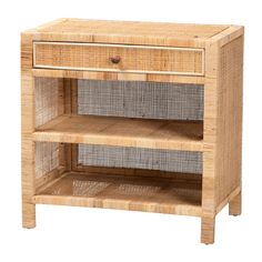 a wooden shelf with two drawers and one drawer on the bottom, made out of bamboo