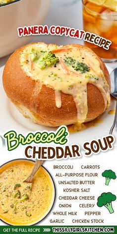 the broccoli cheddar soup is ready to be eaten on the table