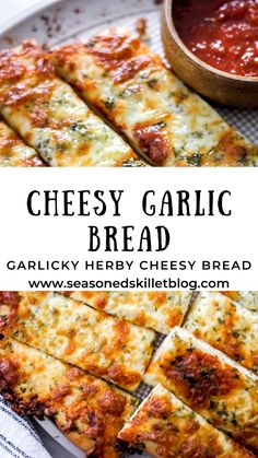 cheesy garlic bread sliced into squares on a plate