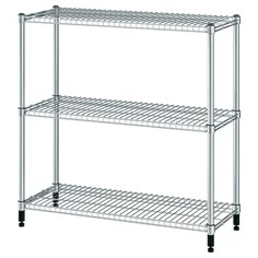 three tier shelving unit with wheels on each side and two shelves on the other