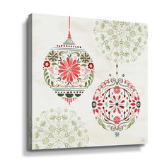 three christmas ornaments hanging from a string on a white background canvas wall art print, ready to hang in an office or living room