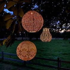 three decorative lights hanging from a tree in the night time with grass and trees behind them