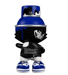 a blue and white pop vinyl figure with graffiti on it