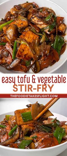 stir fry with vegetables in a white bowl and chopsticks sticking out of it