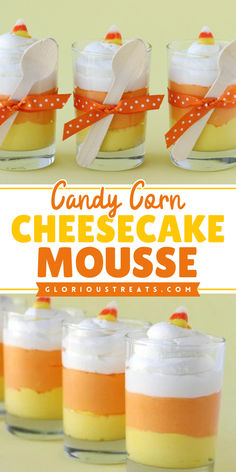 Want more Halloween treats to make? This Candy Corn Cheesecake Mousse recipe is inspired by traditional candies with recognizable color patterns and pure sugary goodness. Save this fluffy and sweet staple for a Halloween party idea! Party Cheesecake, Halloween Deserts, Halloween Party Appetizers