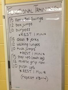 a white board with instructions on it in front of a yellow brick wall that says functional training