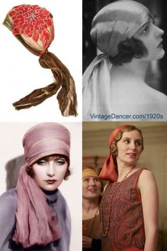 1920s head wraps with scarves. Upper right is a beautiful applique head scarf  at Bohomonde (and comes in more colors) 1920s Womens Hats, 1920s Womens Accessories, 1920s Scarf Hair, 1920s Hair Scarf, 1920s Head Scarf, 1920s Headscarf, 1920s Costume Women, 20s Headscarf, 1920 Head Scarf