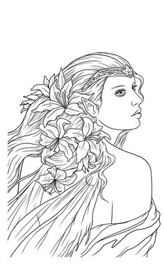 a drawing of a woman with flowers in her hair, looking back at the camera