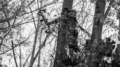 black and white photograph of man in camouflage gear climbing up a tree with an american flag on it