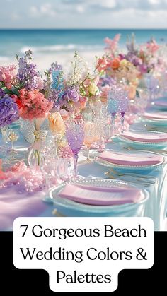 Soft pastels and vibrant hues for a beach wedding, perfect for a seaside celebration. Lavendar Wedding Beach, Beach Spring Wedding Colors, Beach Colors For Wedding, Bright Beach Wedding Colors, Sunset Beach Wedding Decorations, Small Beach Wedding Ideas Romantic, Beach Theme Wedding Colors, Coastal Wedding Color Schemes, Wedding Beach Color Schemes