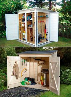 two pictures side by side of a shed with the doors open