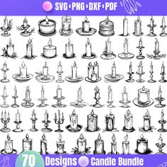 various candles and candlesticks are shown in black and white, with the words svg