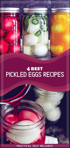 three mason jars filled with pickled eggs and the words how to make pickled eggs