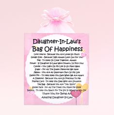 a pink card with the words daughter - in - law's bag of happiness