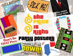 the price is right party posters are in front of a microphone and several other items