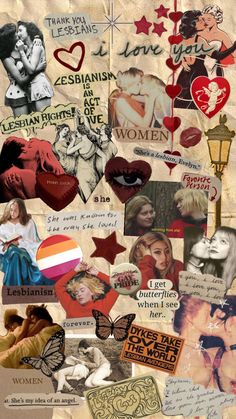 the collage is made up of many different pictures and words, including women's faces