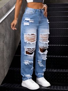 Ladies' Ripped Jeans Blue Casual   Denim Plain Tapered/Carrot Non-Stretch  Women Clothing, size features are:Bust: ,Length: ,Sleeve Length: Fancy Pants Outfit, Tomboy Stil, Cute Ripped Jeans, Boyfriend Jeans Outfit, Moda Jeans, Cute Pants