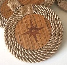 Italian Design Coiled Rope Teak Coaster Set - Nautical Luxuries Nautical Craft, Compass Rose Design, Nautical Furniture, Wood Burning Stencils, Rope Rug, Rope Projects, Nautical Accessories, Nautical Crafts, Coiled Rope