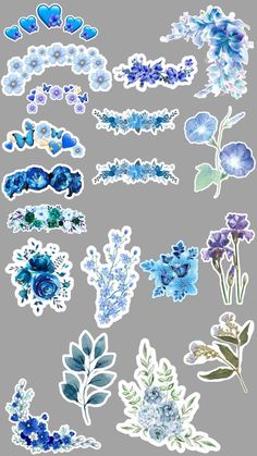 blue flowers and leaves stickers on a gray background