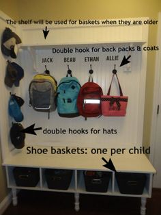 a white shelf filled with lots of backpacks next to bins and baskets on top of it