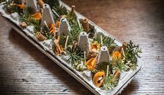 an arrangement of small rocks and plants in a tray