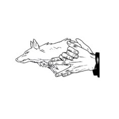 two hands reaching out to each other over a drawing of a dog's head