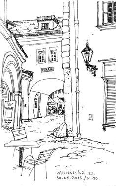 a black and white drawing of an alleyway in the middle of town with benches