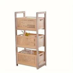 a wooden shelf with three baskets on top and one basket in the bottom for storage