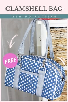 a blue and white polka dot duffel bag hanging from a hook on a wicker basket