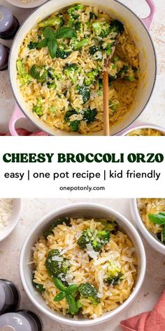 broccoli and rice in a white bowl with the words cheesy broccoli orzo