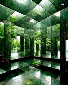 a room filled with lots of mirrors covered in green plants and mossy trees on the walls