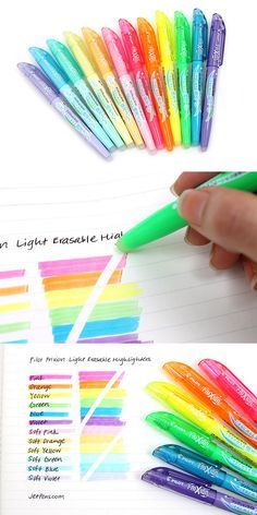 several different types of pens sitting on top of a piece of paper with writing in it