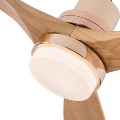 a wooden ceiling fan with a white light on it's blade and wood blades