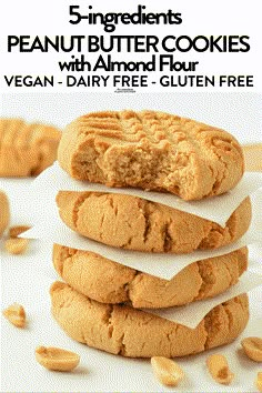 peanut butter cookies stacked on top of each other with text overlay that reads, 5 - ingredient peanut butter cookies with almond flour vegan dairy free gluen