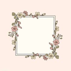 a square frame with flowers and leaves around it on a light pink background, hand drawn