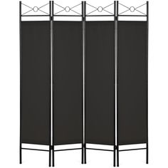 a black room divider with four panels on the top and bottom, in front of a white background