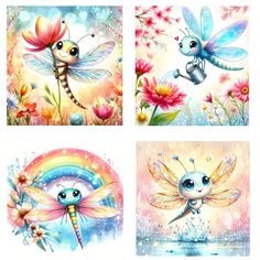 four different pictures with dragon and flowers on them, one is flying in the sky