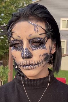 Skull Rhinestone Makeup, Skull Makeup With Gems, Skeleton Makeup With Rhinestones, Rhinestone Skeleton Makeup, Skull Face Makeup, Halloween Skeleton Makeup, Unconventional Makeup, Holloween Makeup, Rhinestone Makeup