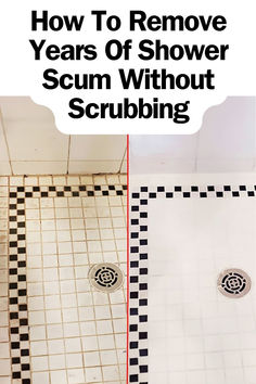 a bathroom with black and white tile on the floor, and an image of a shower head