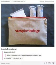 an image of a bag that has some items in it and the words vampire teabags written on it