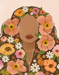 a woman's face surrounded by flowers and leaves in the center of her head