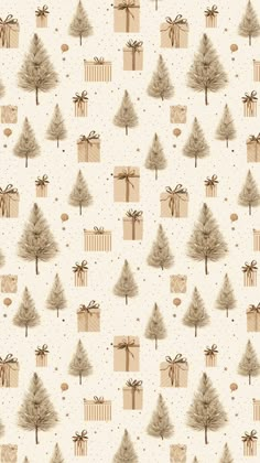 christmas wrapping paper with presents and trees on the front, in neutral colors against a white background