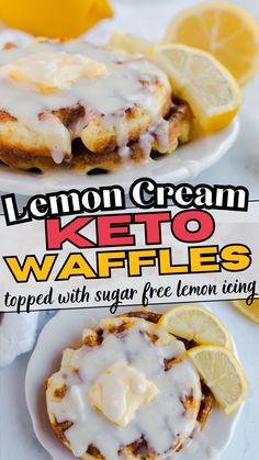 the lemon cream keto waffles are topped with sugar free lemon icing