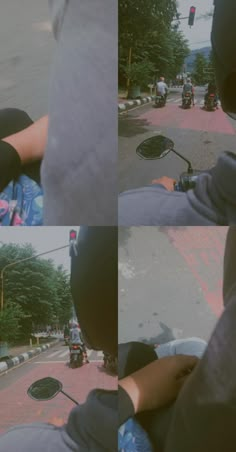 two pictures of people riding motorcycles on the street with trees and buildings in the background