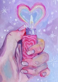 a painting of two hands holding a pink bottle with a heart shaped candle in it