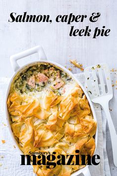 salmon, caper & leek pie on the cover of magazine