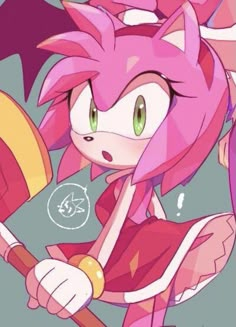 an image of a cartoon character with pink hair and green eyes, holding a broom