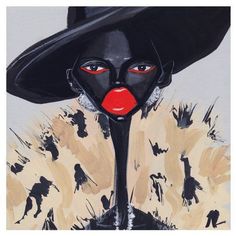 a painting of a woman wearing a black hat and fur coat with red lipstick on her lips